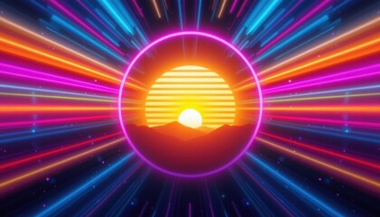 Vibrant Abstract Sunset Over Mountain Silhouette with Colorful Light Rays and Digital Effects