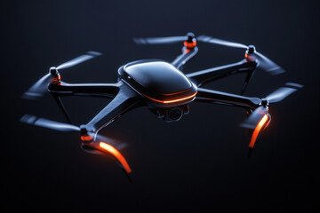A sophisticated drone is captured mid-air, showcasing its innovative design and glowing details. The black background adds depth, highlighting its futuristic technology and advanced features