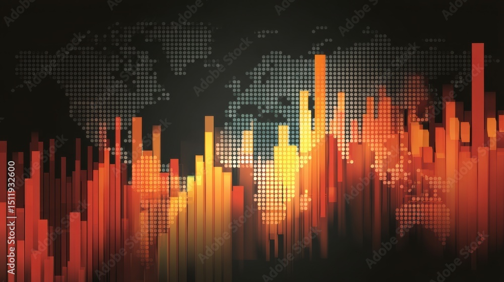 Poster dynamic abstract digital graph representing global data trends and analytics in vibrant orange and b