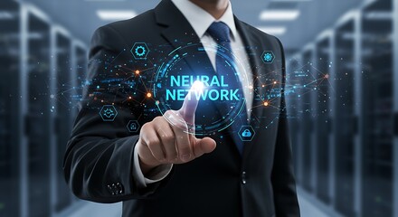 Businessman interacting with digital neural network interface technology in data center