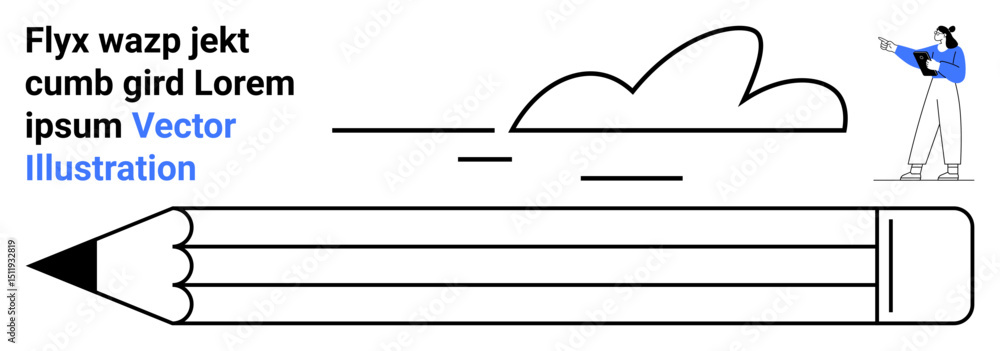 Poster large pencil sketching minimalist clouds with a figure pointing at text in a bold graphic style. ide