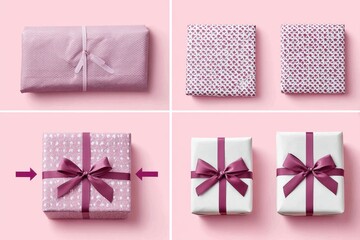 A visual guide with arrows showing how to wrap a gift from unrolled paper to finished bow on top