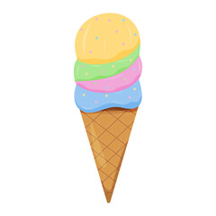 Colorful ice cream cone with three scoops in a waffle cone