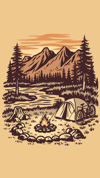 Tranquil Camping Scene with Mountains and River Reflection