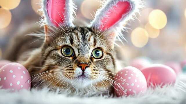 Adorable cat with bunny ears surrounded by pink easter eggs and bokeh lights.