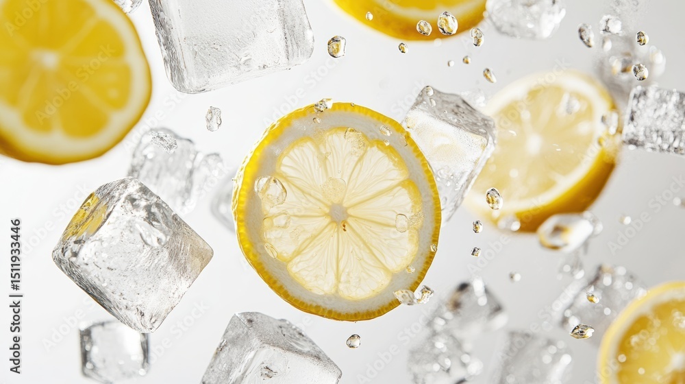 Poster fresh lemon slices with ice cubes splash in water, creating a refreshing summer drink vibe.