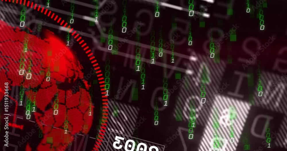 Poster after cell highlighting binary code falling red ring animating globe rotating showing year shifts