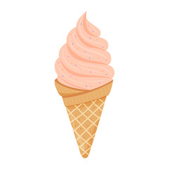  ice cream in a waffle cone with a pink swirl and sprinkles