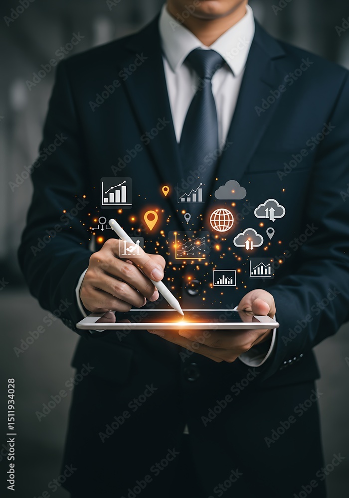 Poster businessman analyzing digital data using tablet and stylus showing business intelligence and connect