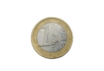 Obverse or heads side of a 1 euro coin, Overhead view showing the face value and European map design, Directly above view isolated on a transparent background.