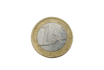 Obverse or heads side of a 1 euro coin, Overhead view showing the face value and European map design, Directly above view isolated on a transparent background.