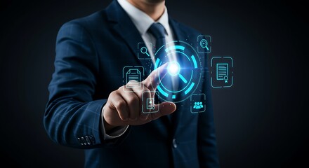 Business professional interacting with futuristic digital interface representing time management and goals