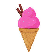 Sweet pink ice cream cone with chocolate sticks and sprinkles on top