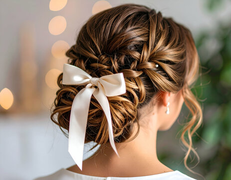 Elegant Chignon Hairstyle with Silk Ribbon A Classic Bridal Updo