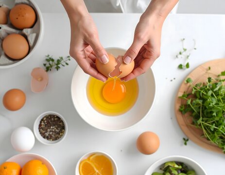 Fresh Ingredients and Hands Cracking Egg Preparing for Cooking in Kitchen
