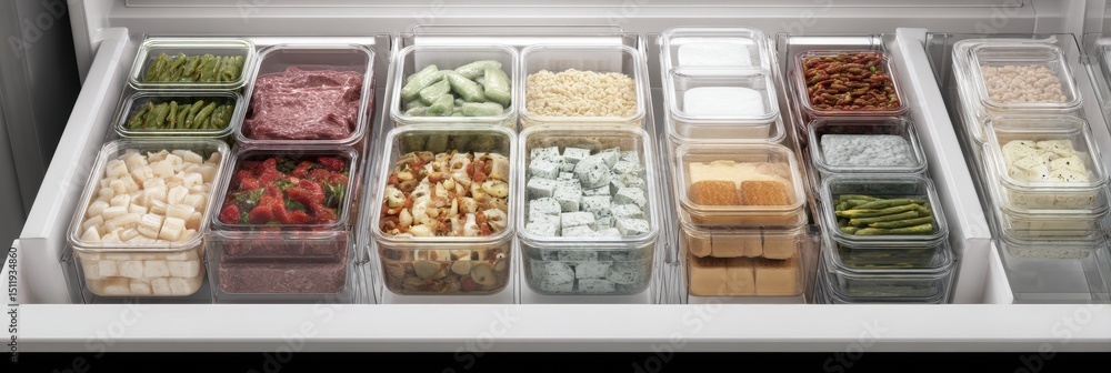 Poster Organized 3D Freezer Drawer Displaying Neatly Sorted Meals in Light Layout for Easy Access and Meal Planning