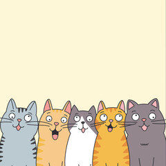 Obraz premium Surprised Cartoon Cats in a Colorful Row