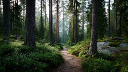 Fototapeta premium Beautiful forest background for screensaver. with sunbeams. Calm close-up of fairytale forest and nature landscape, panorama. Summer vacation, holiday, amazing nature.