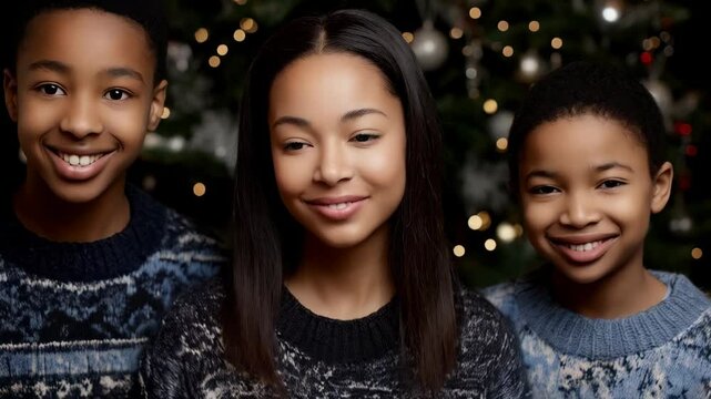 Smiling siblings posing indoors near decorated Christmas tree with ornaments and festive bokeh lights wearing warm knit sweaters