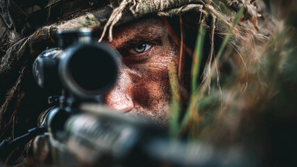 Focused Camouflaged Sniper Aiming Through Scope in Wilderness with Intense Expression and Natural Surroundings