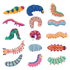 Set spring and summer colorful caterpillars. Pretty caterpillars different silhouette on white background. For festive card, banner, children, pattern, tattoo, decorative, concept. Vector illustration