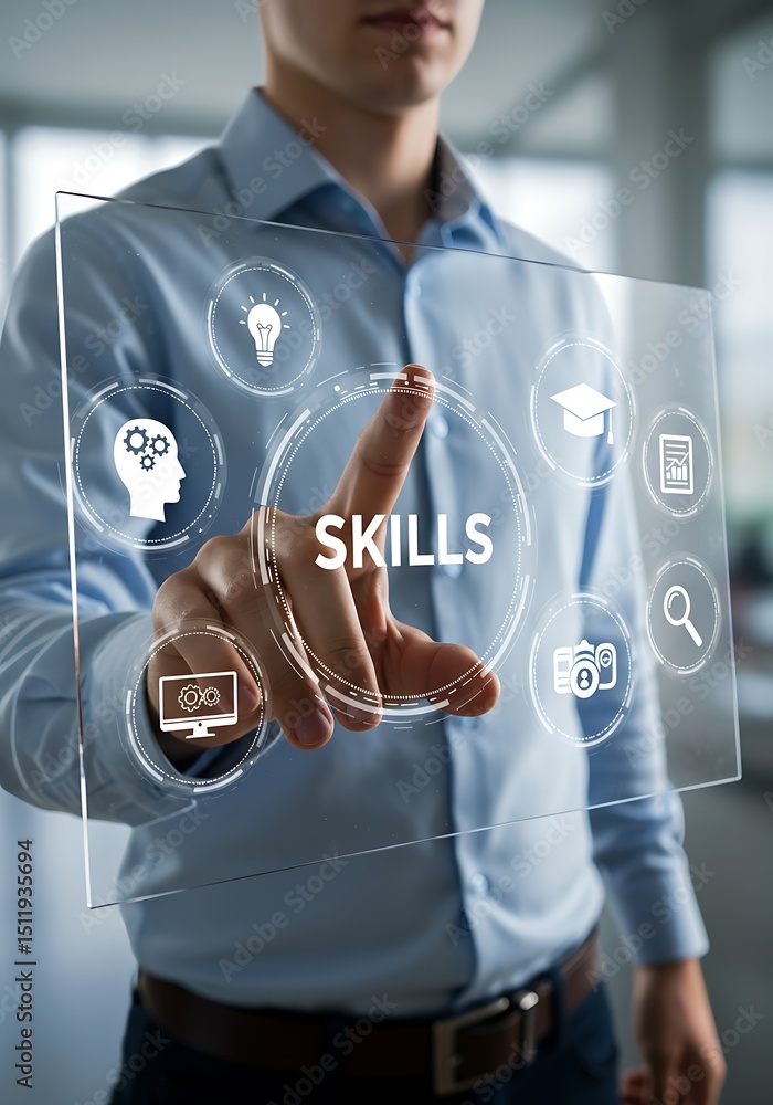 Poster man interacting with skills concept digital interface showing learning and technology elements