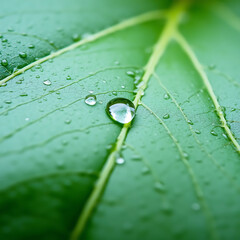 Fresh Leaf Surface – Macro Shot of Water Droplets on Leaf Veins, High Contrast Nature Texture