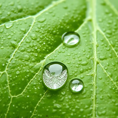 Fresh Leaf Surface – Macro Shot of Water Droplets on Leaf Veins, High Contrast Nature Texture