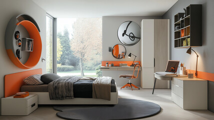 A modern teenage bedroom featuring a cozy bed, stylish shelves, and a work desk 