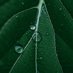 Fresh Leaf Surface – Macro Shot of Water Droplets on Leaf Veins, High Contrast Nature Texture