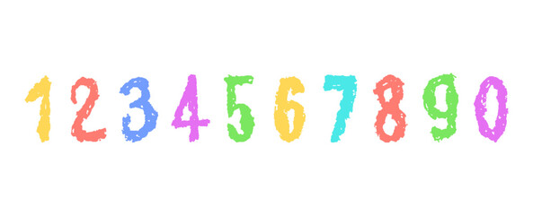 Colorful numbers 0-9, hand-drawn in a wax crayon or pastel style. Highlighter effect on a board, perfect for kindergarten drawing, learning materials, and creative educational projects. Vector