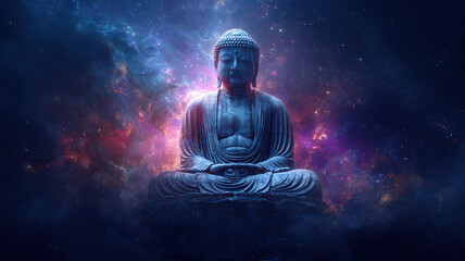 Meditating Buddha in Cosmic Space with Glowing Stars – Spiritual Enlightenment, Peace, Mindfulness, Universe Art