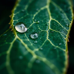 Fresh Leaf Surface – Macro Shot of Water Droplets on Leaf Veins, High Contrast Nature Texture
