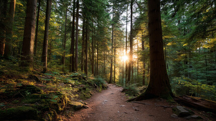 Naklejka premium Beautiful forest background for screensaver. with sunbeams. Calm close-up of fairytale forest and nature landscape, panorama. Summer vacation, holiday, amazing nature.