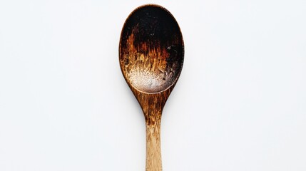 A wooden spoon with a black handle and a brown bowl.