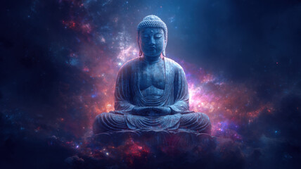Meditating Buddha in Cosmic Space with Glowing Stars – Spiritual Enlightenment, Peace, Mindfulness, Universe Art