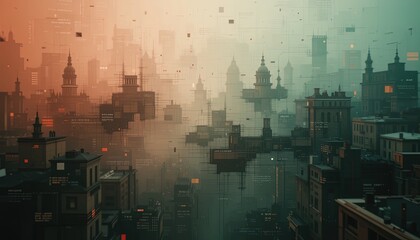 Futuristic city skyline with floating structures.