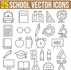 School Education Line Vector Icons with Editable Stroke, First Day of School, calculator, school bag, earth map, clock, pencil, pen, Academic subjects, education, and success.