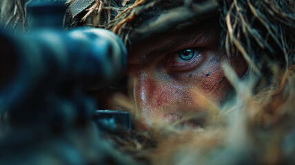 Intense Camouflaged Sniper Eyeing Target Through Scope in Forest Terrain with Concealed Military Appearance