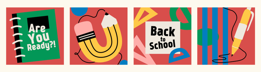 Set of Back to school cards. Flat style education icons, symbols, doodles on red square background. Art collage, papers, hand drawn fun design elements. Bright colorful school subjects concept.
