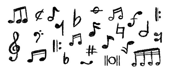 Charcoal scribble vector of handwritten pop music notes and symbols. Grungy doodle style for creative designs, posters, and album art. Cute childish music school black pastel or wax pencil signs