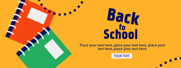 Back to school horizontal poster, web banner in trendy doodle style with geometric shapes, books element and modern typography for college, education, study concept. Templates ads, branding, sale.