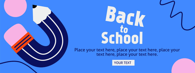 Back to school horizontal poster, web banner in trendy doodle style with geometric shapes, pencil element and modern typography for college, education, study concept. Templates ads, branding, sale.