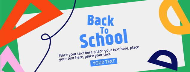 Back to school horizontal poster, web banner in trendy doodle style with geometric shapes, ruler element and modern typography for college, education, study concept. Templates ads, branding, sale.