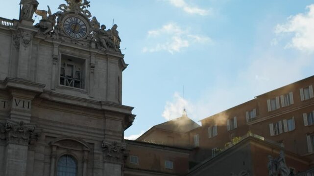 Vatican City Rome Italy St Peter Basilica roof chimney white smoke election pope symbol catholic church tradition faith christianity history landmark travel tourism concept blue sky sunny
