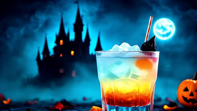 Spooky happy halloween cocktail close up zoom with full moon silhouette castle and fog