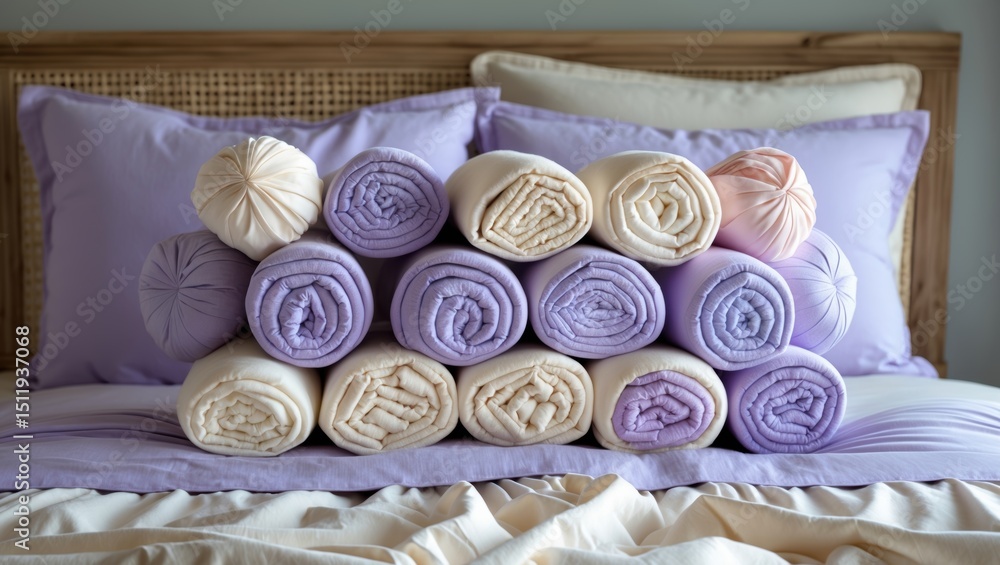 Poster a neatly arranged stack of rolled blankets in varying pastel colors on a freshly made bed with soft 