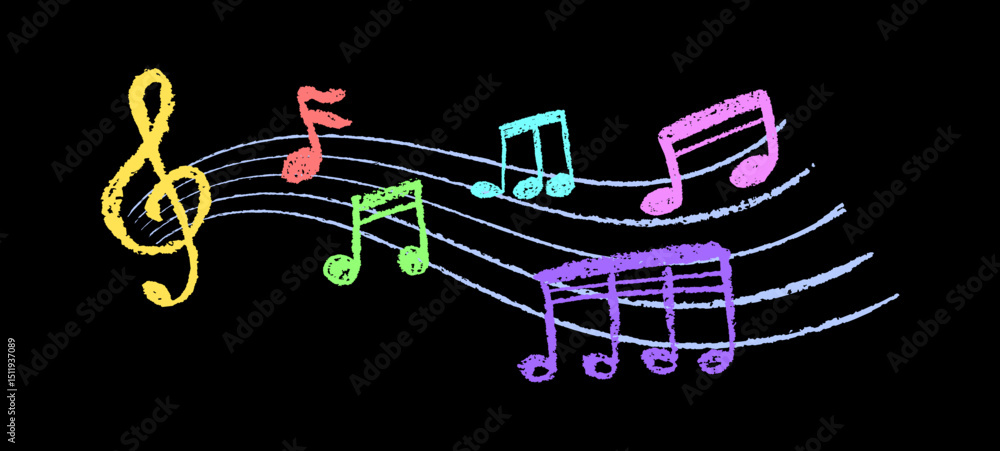 Poster vector of music notes in charcoal scribble texture. handwritten pop style on black background with v