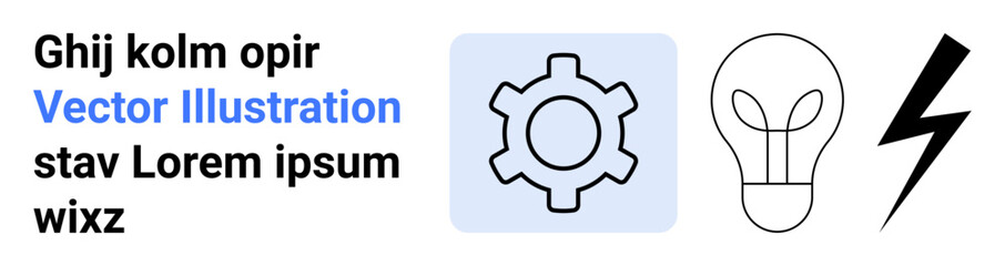Gear icon for process, lightbulb for ideas, and lightning bolt for energy highlight innovation. Ideal for creativity, mechanics, energy, technology, brainstorming, power simple landing page