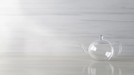A clear glass teapot with a lid and spout sits on a light gray wooden surface.